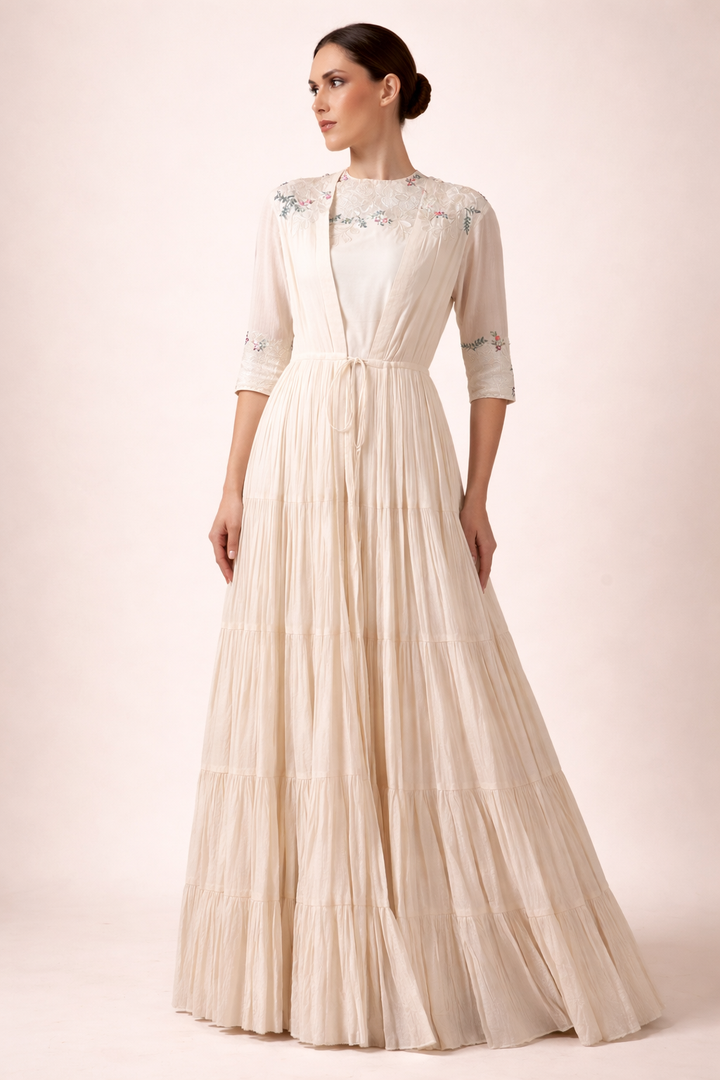 Off-White Cotton Silk And Cotton Jacket Dress Set