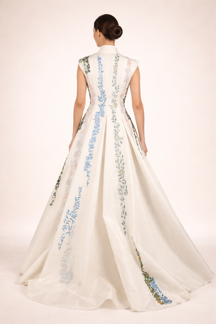 Lapel Collar Embroidered Gown