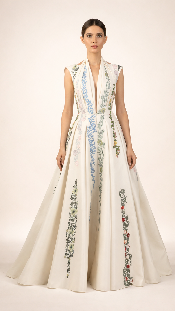 Woman wearing a long, elegant dress with floral patterns on a plain background