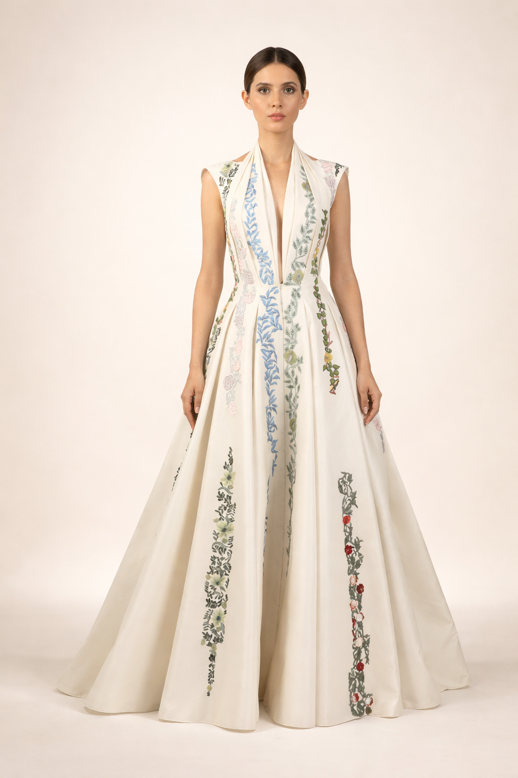 Lapel Collar Embroidered Gown