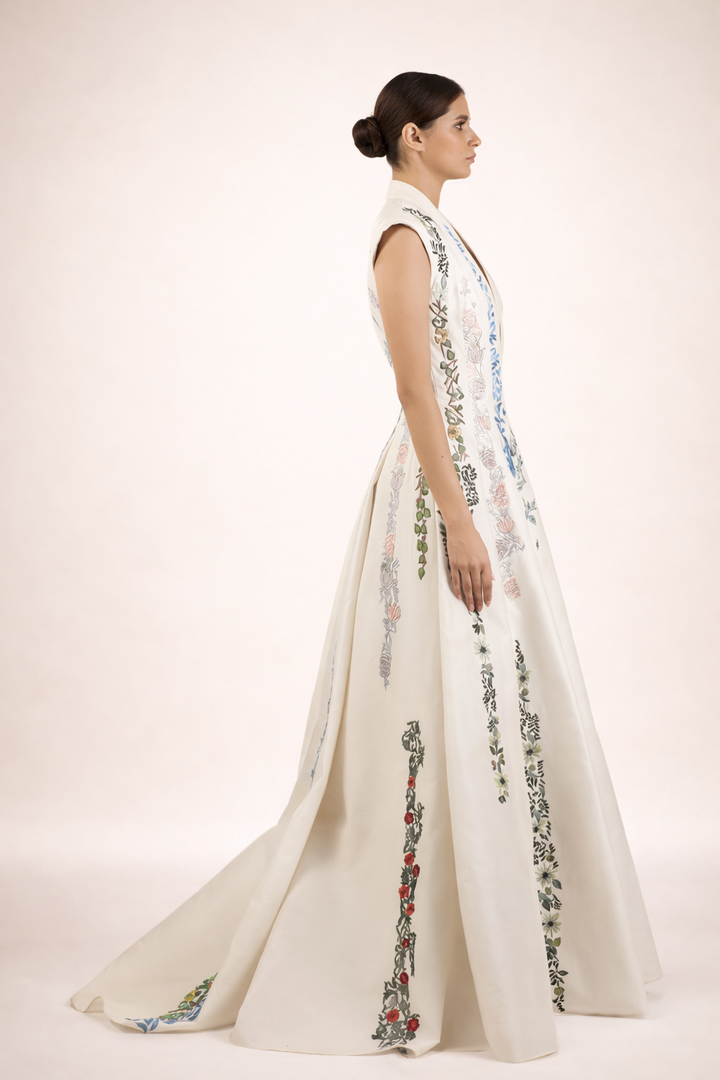 Lapel Collar Embroidered Gown