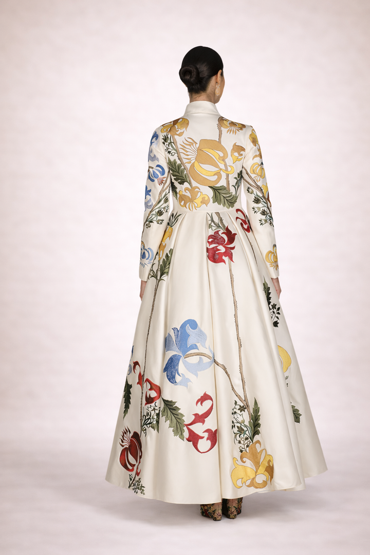 Lapel Neck Cotton Silk Embroidered Gown