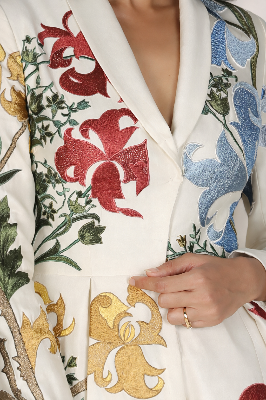 Lapel Neck Cotton Silk Embroidered Gown