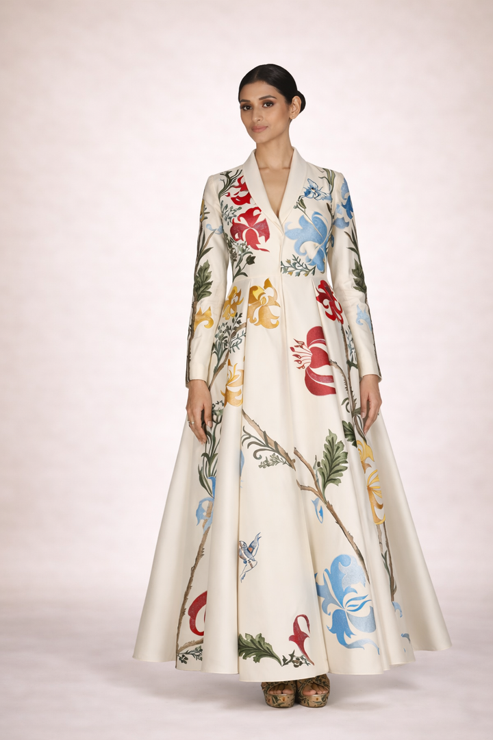 Lapel Neck Cotton Silk Embroidered Gown