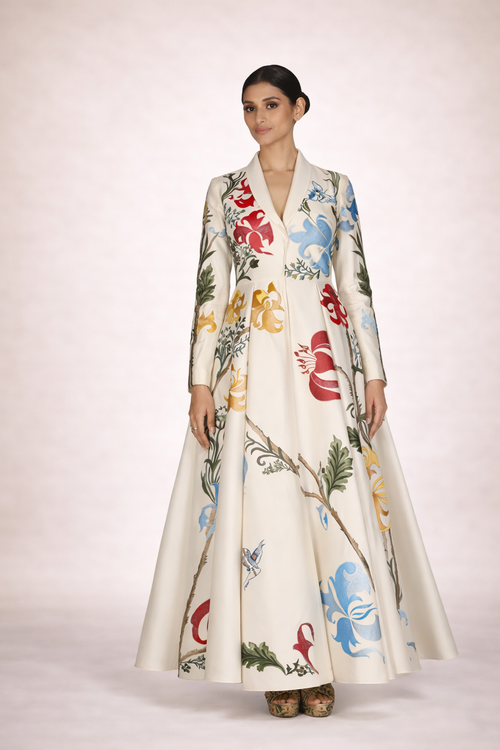 Lapel neck cotton silk embroidered gown