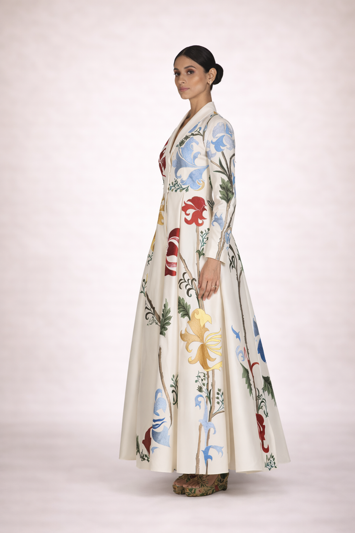 Lapel Neck Cotton Silk Embroidered Gown