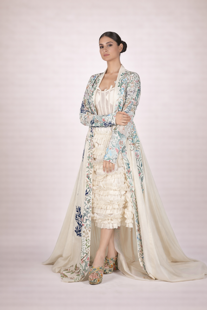 Embroidered Long Cotton Silk Jacket With Tube Dress