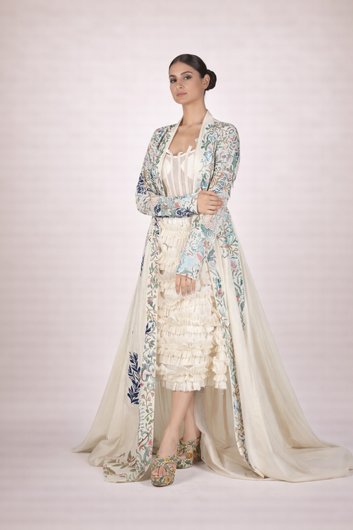 Embroidered Long cotton silk jacket with tube dress
