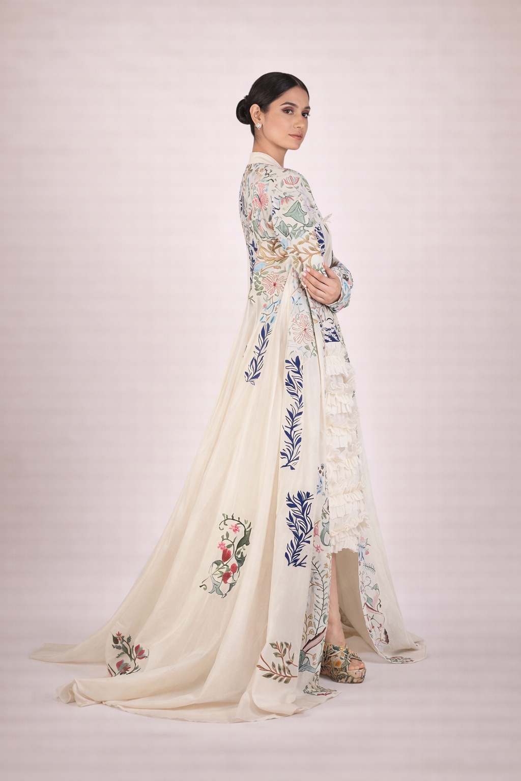 Embroidered Long Cotton Silk Jacket With Tube Dress