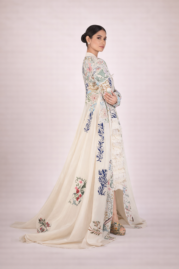 Embroidered Long Cotton Silk Jacket With Tube Dress