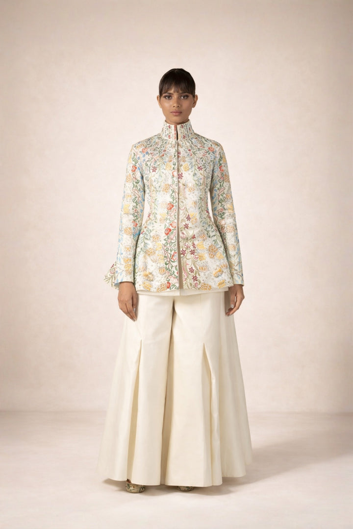 Peplum Cotton Silk Embroidered Jacket Along With Palazzo Pants