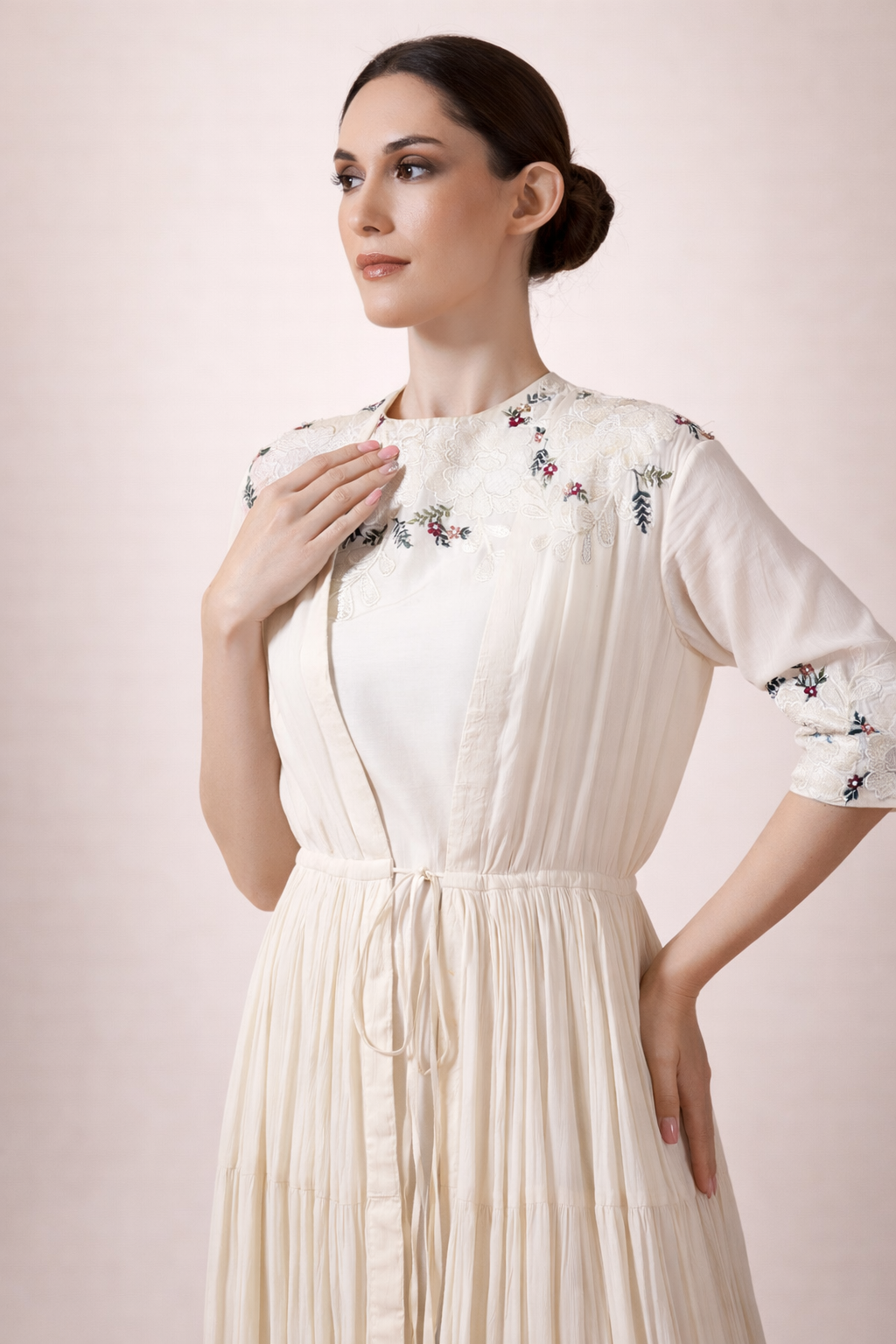 Off-White Cotton Silk And Cotton Jacket Dress Set