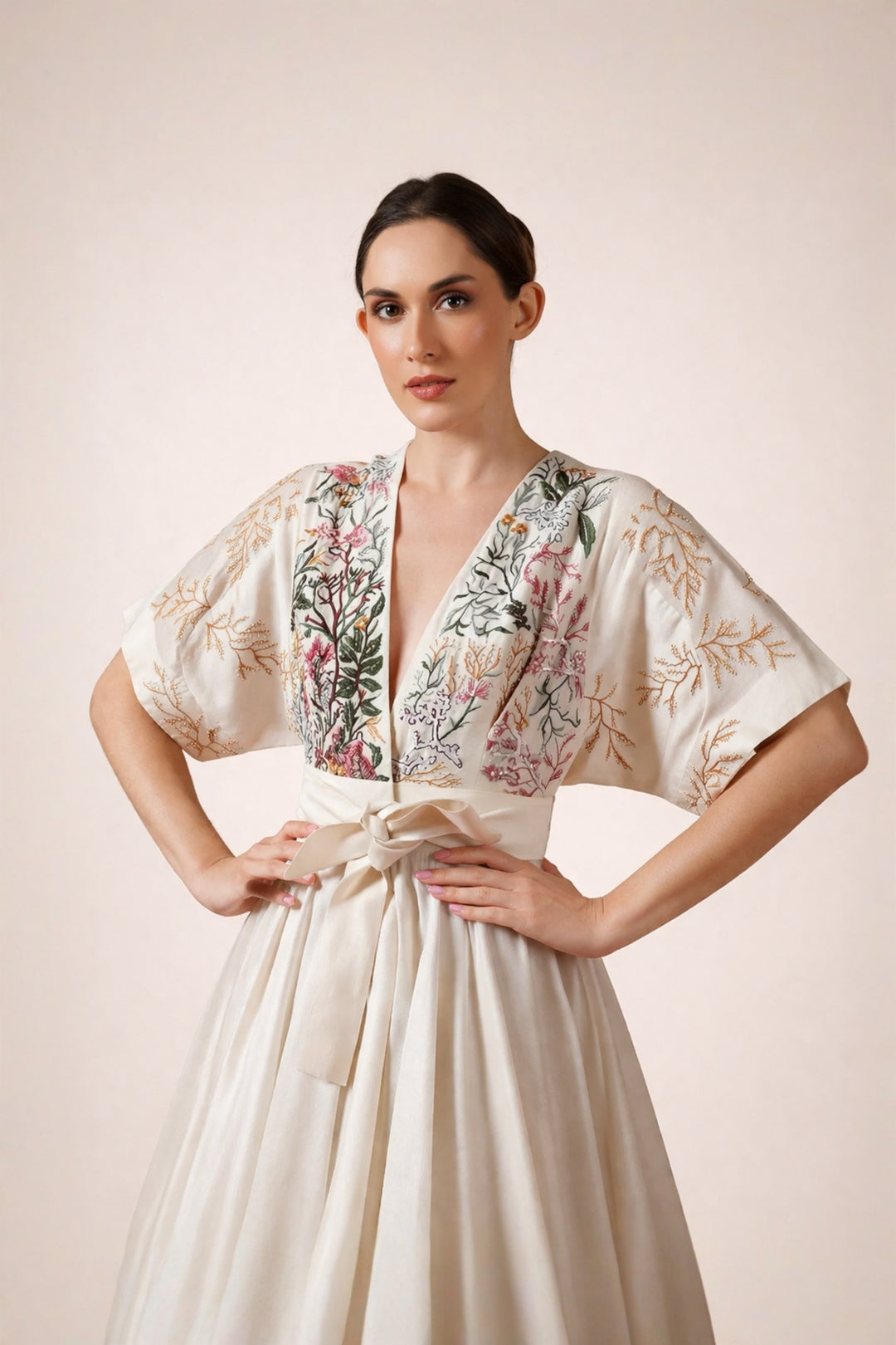 Ivory Front Open Dress With Belt