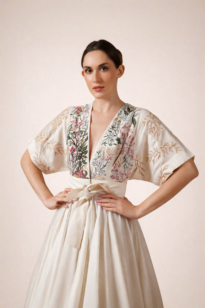 Ivory Front Open Dress With Belt