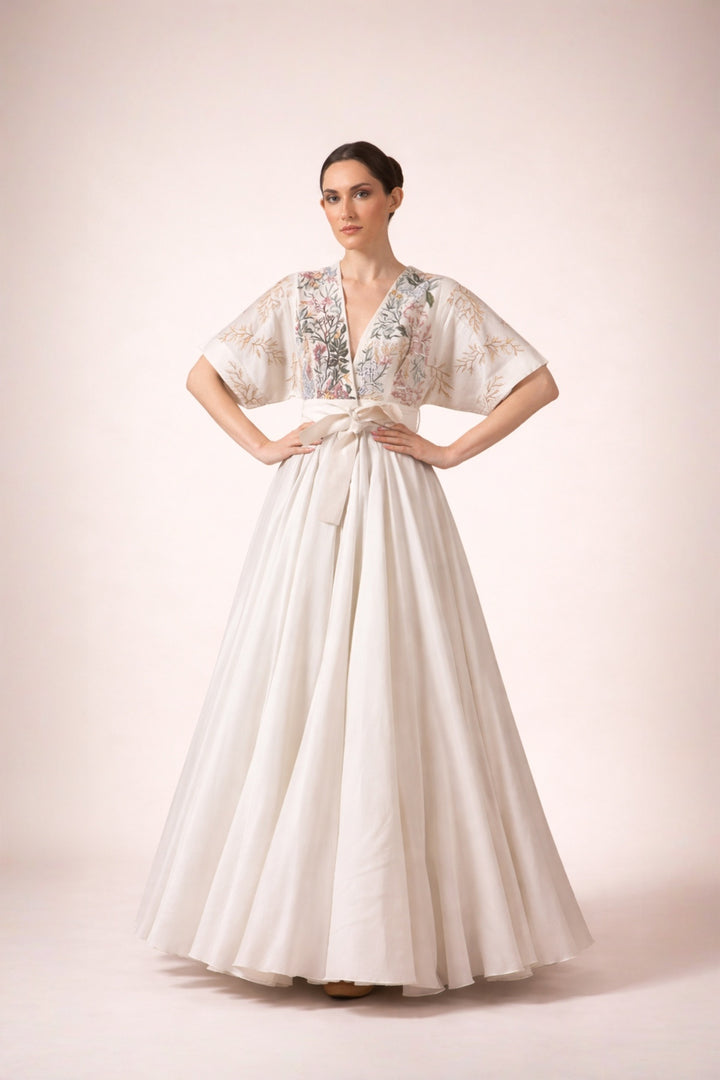 Ivory Front Open Dress With Belt