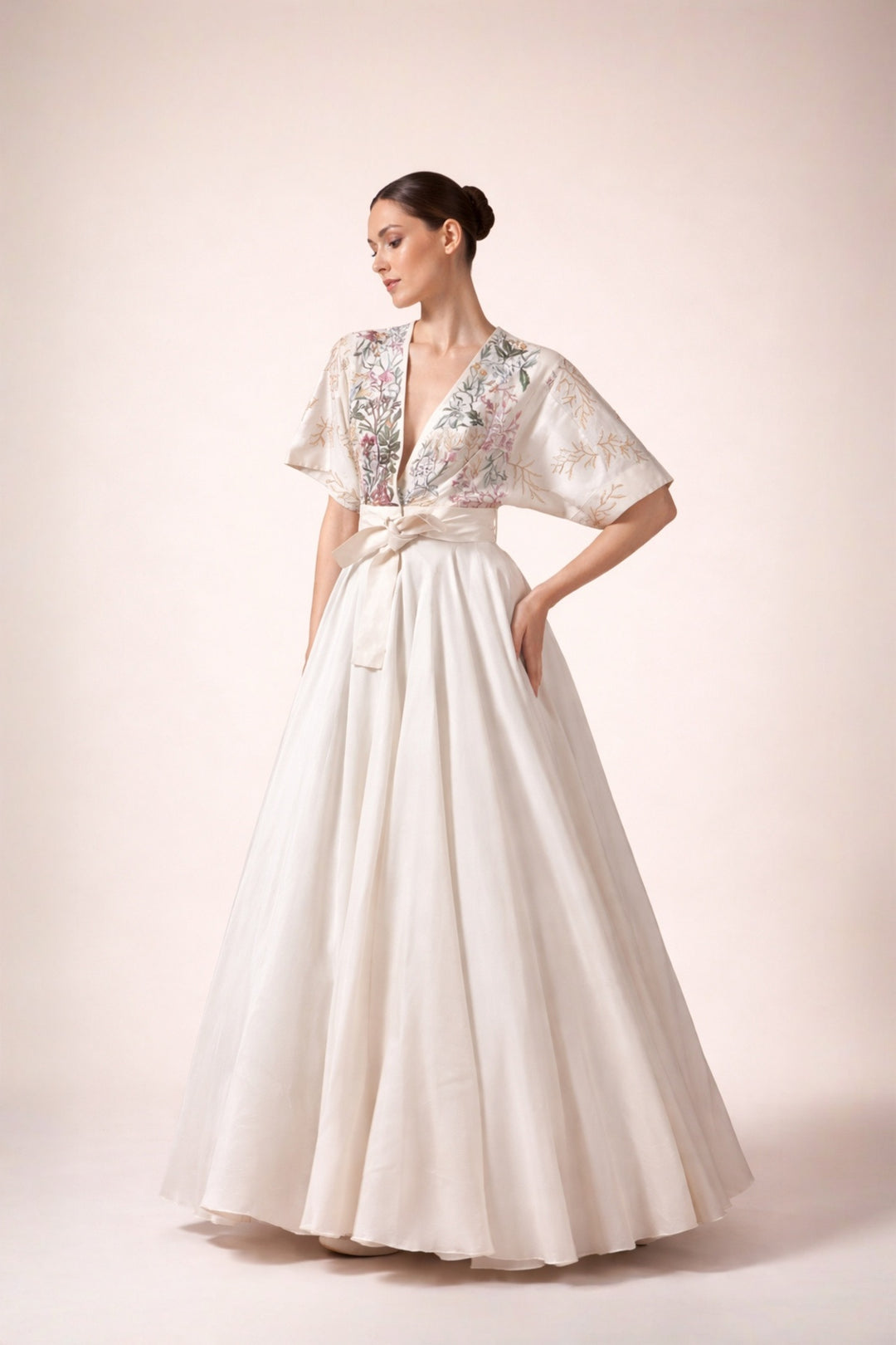 Ivory Front Open Dress With Belt