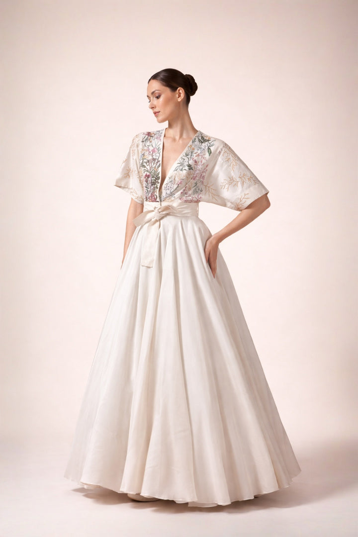 Ivory Front Open Dress With Belt