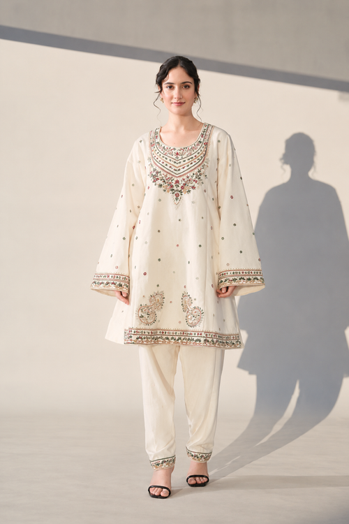 Ivory Embroidered Kurta Palazzo Set