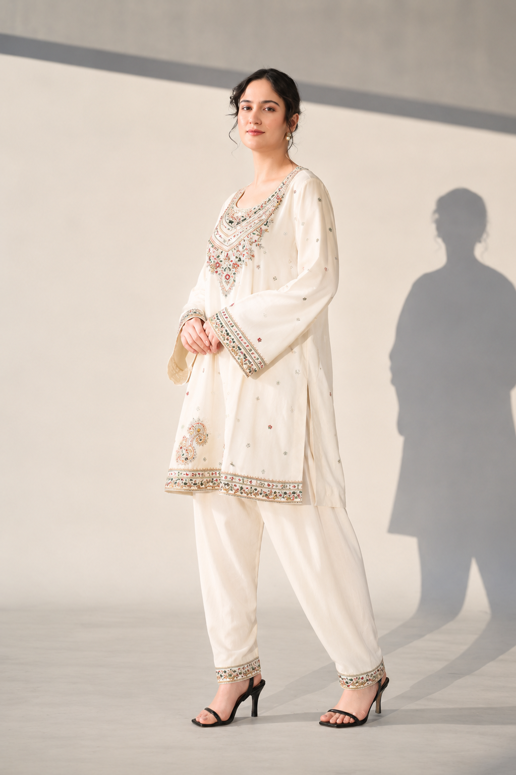Ivory Embroidered Kurta Palazzo Set