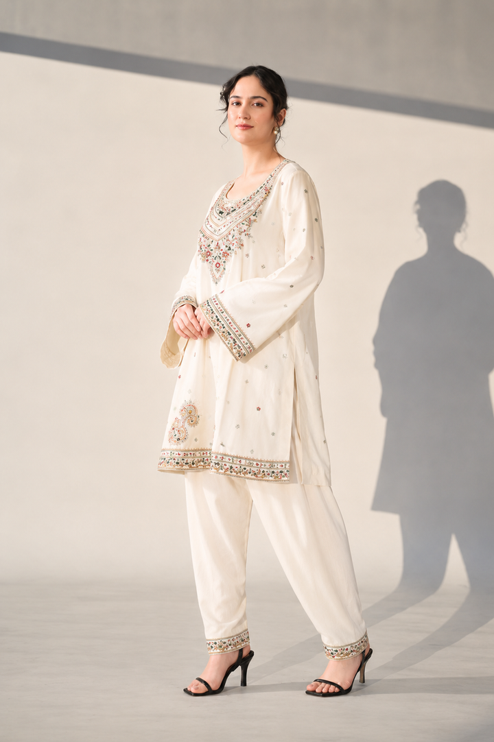 Ivory Embroidered Kurta Palazzo Set