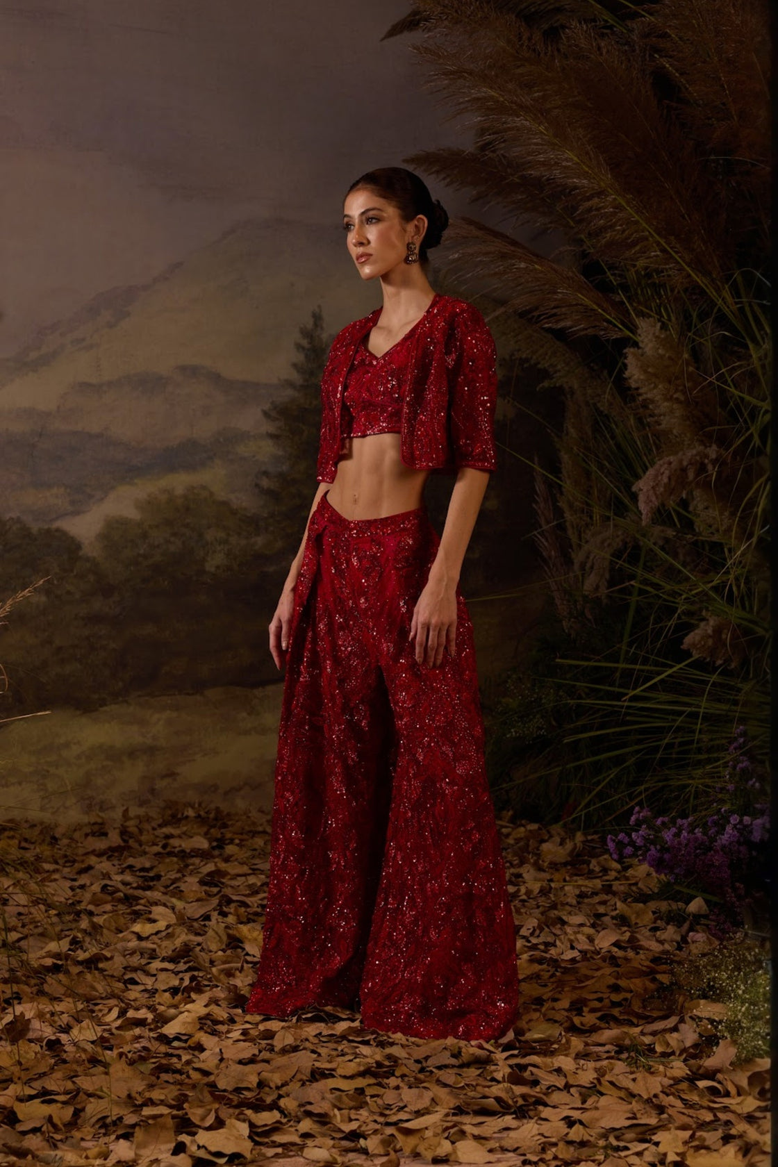 Red Organza  Silk Tube Top Along Bolero Jacket With Plazo Pants
