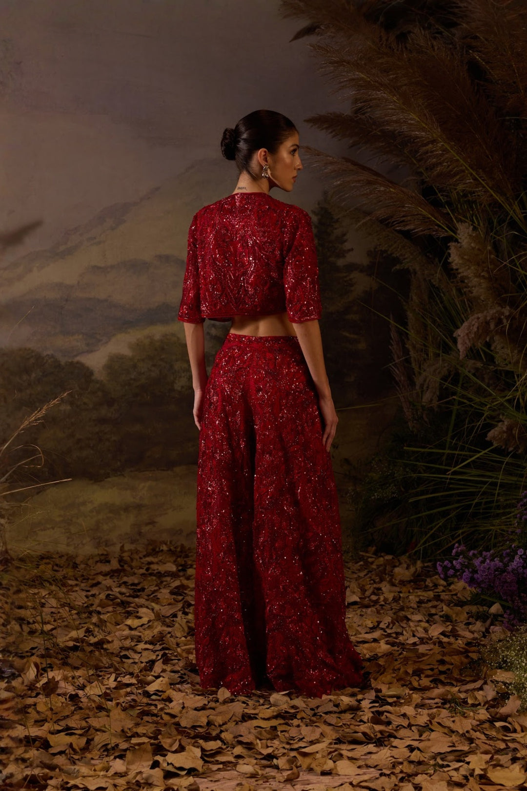 Red Organza Silk Tube Top Along Bolero Jacket With Plazo Pants