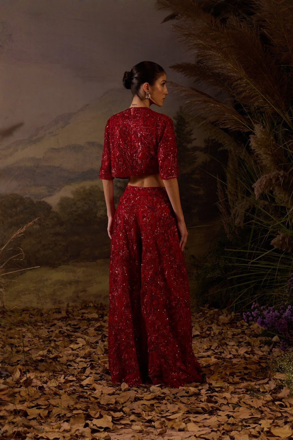 Red Organza  Silk Tube Top Along Bolero Jacket With Plazo Pants