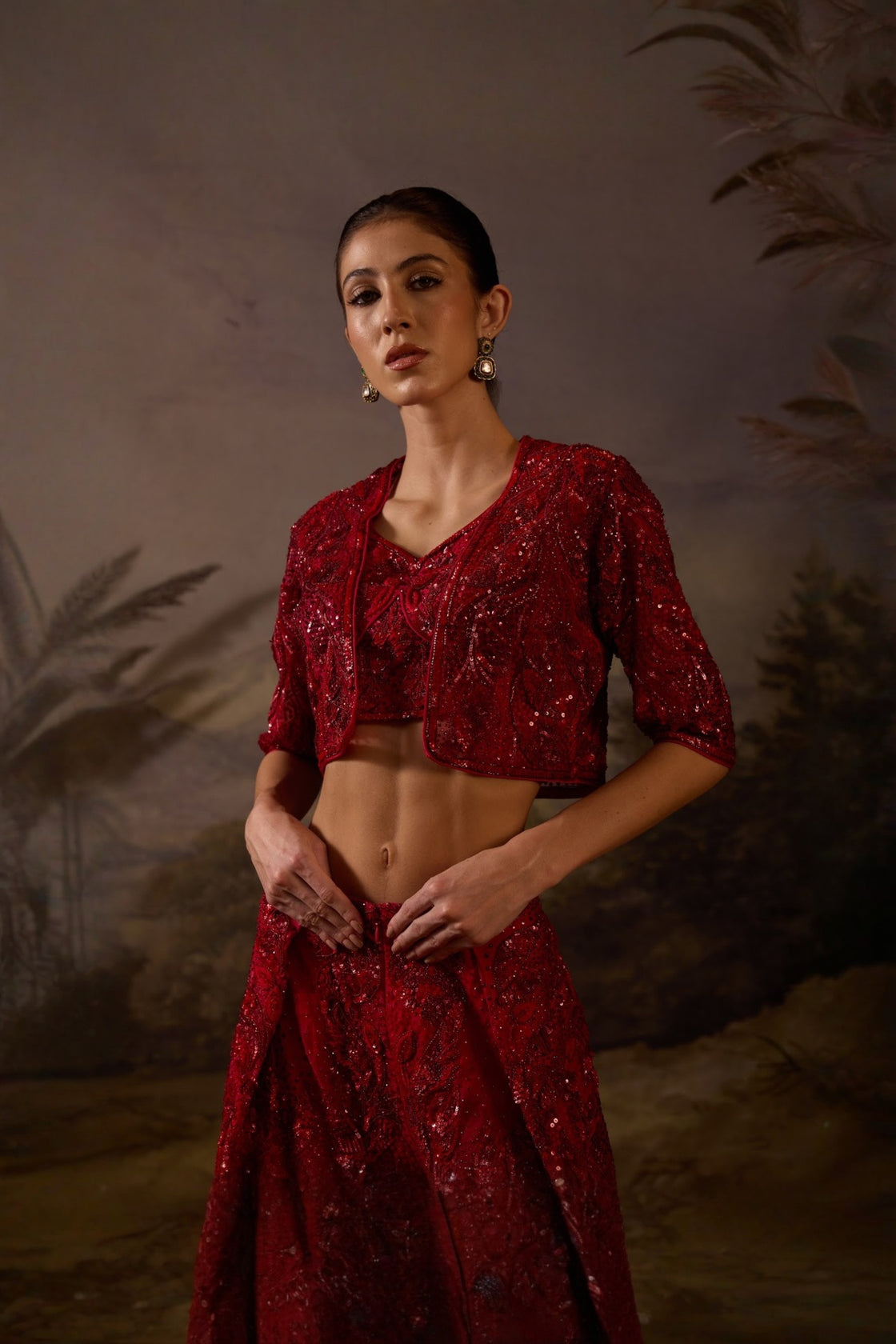 Red Organza  Silk Tube Top Along Bolero Jacket With Plazo Pants