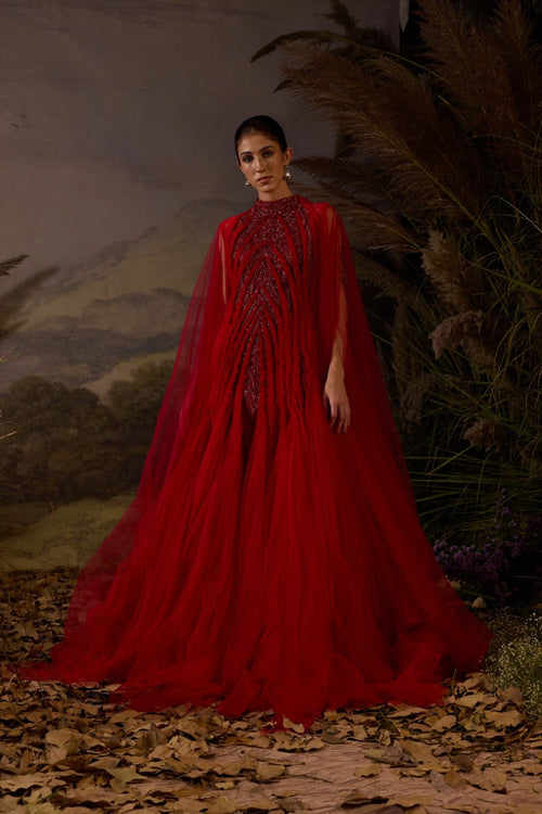 Red Heritage Embroidered Sequence Flowy Gown