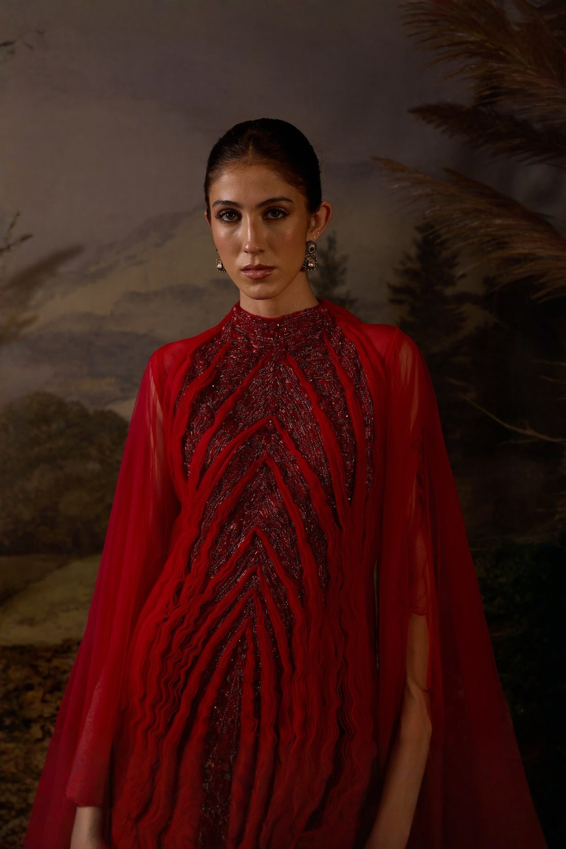 Red Heritage Embroidered Sequence Flowy Gown