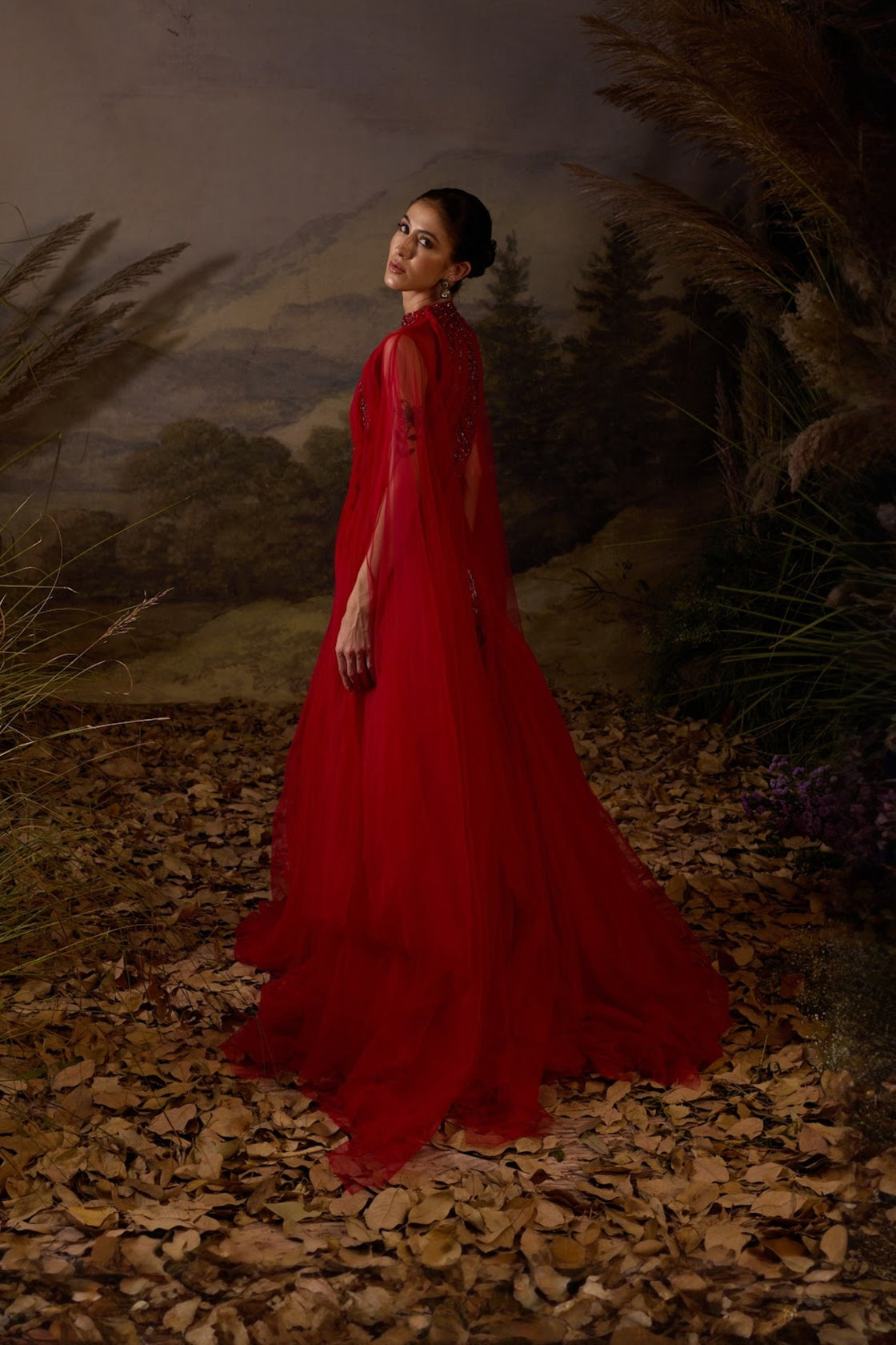 Red Heritage Embroidered Sequence Flowy Gown