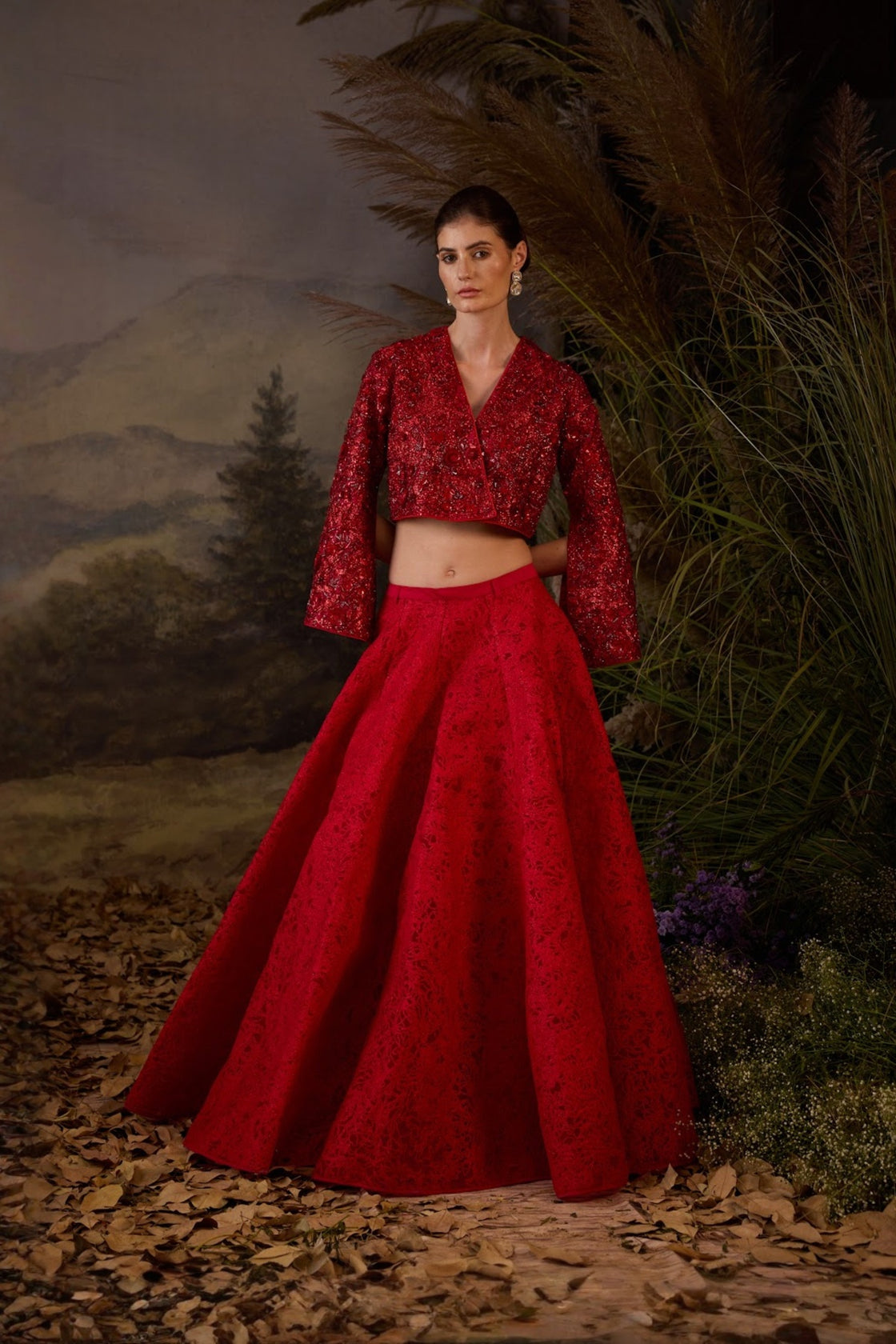 Red Organza  Silk Top With Silk Thread Embroidery Skirt