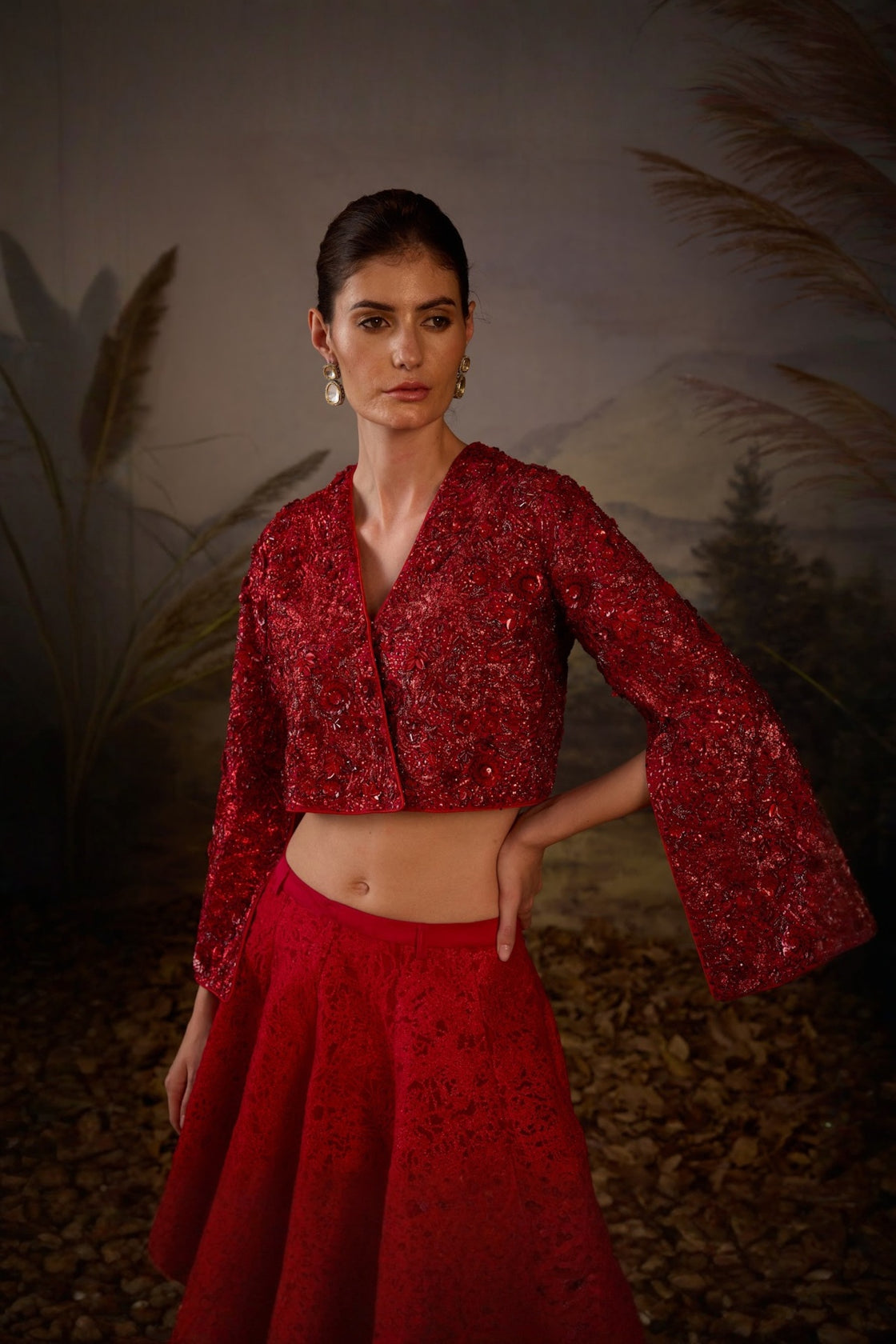 Red Organza  Silk Top With Silk Thread Embroidery Skirt
