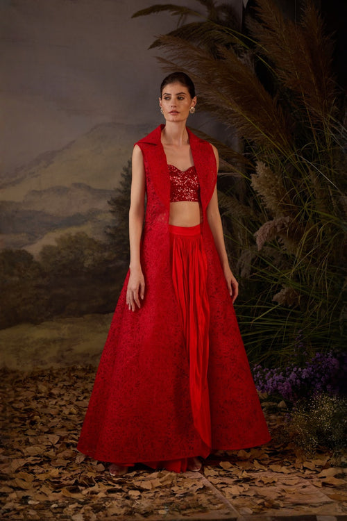 A Red Net Texture Embroidery Jacket And Inside Tube Top With Dhoti