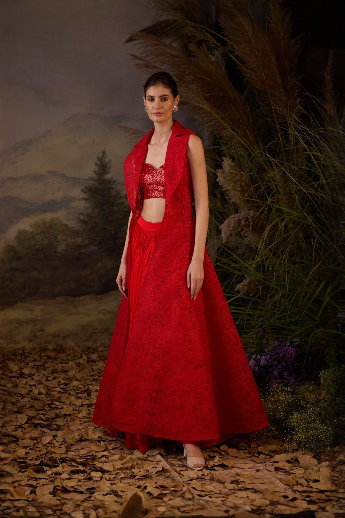 A Red Net Texture Embroidery Jacket And Inside Tube Top With Dhoti