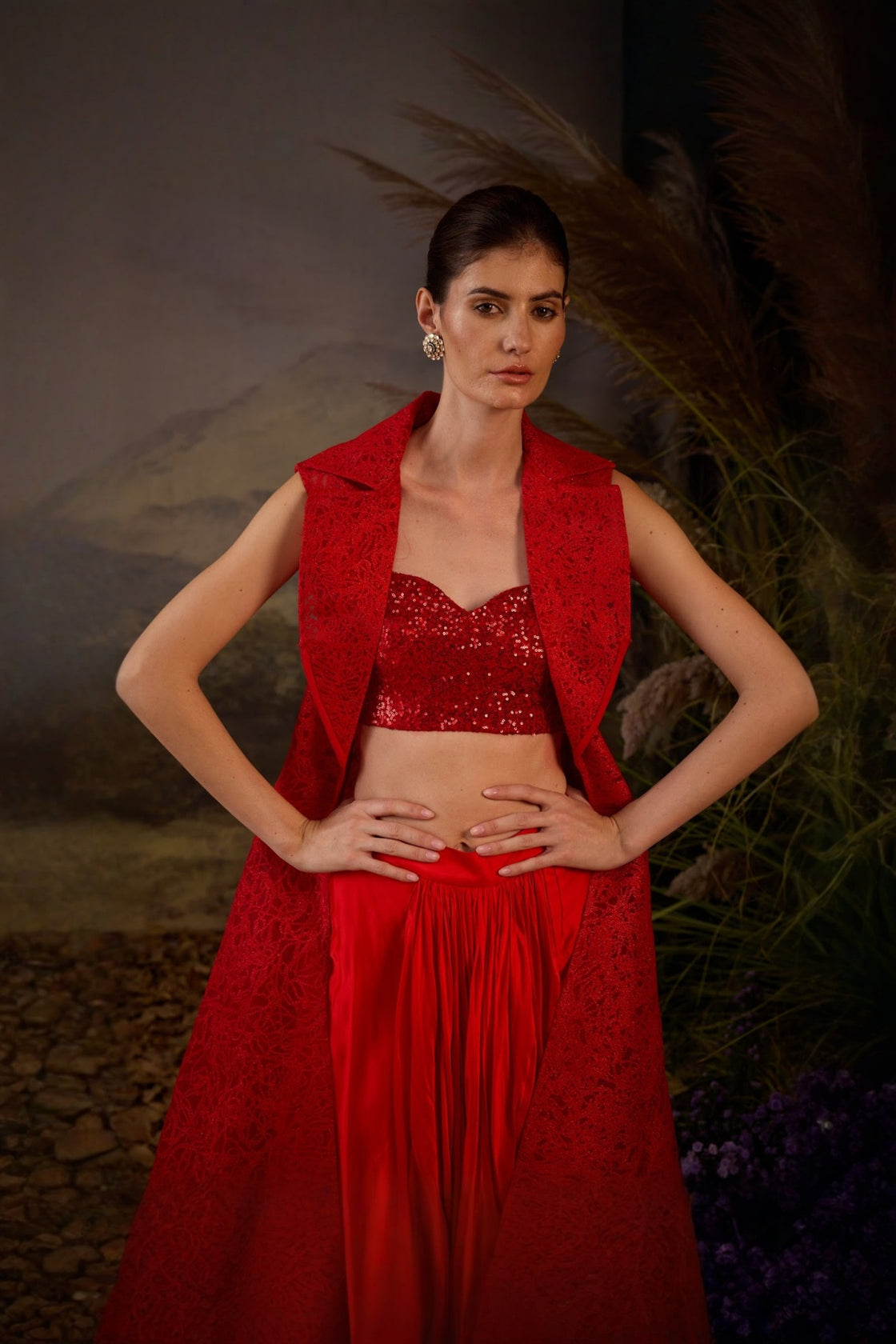A Red Net Texture Embroidery Jacket And Inside Tube Top With Dhoti
