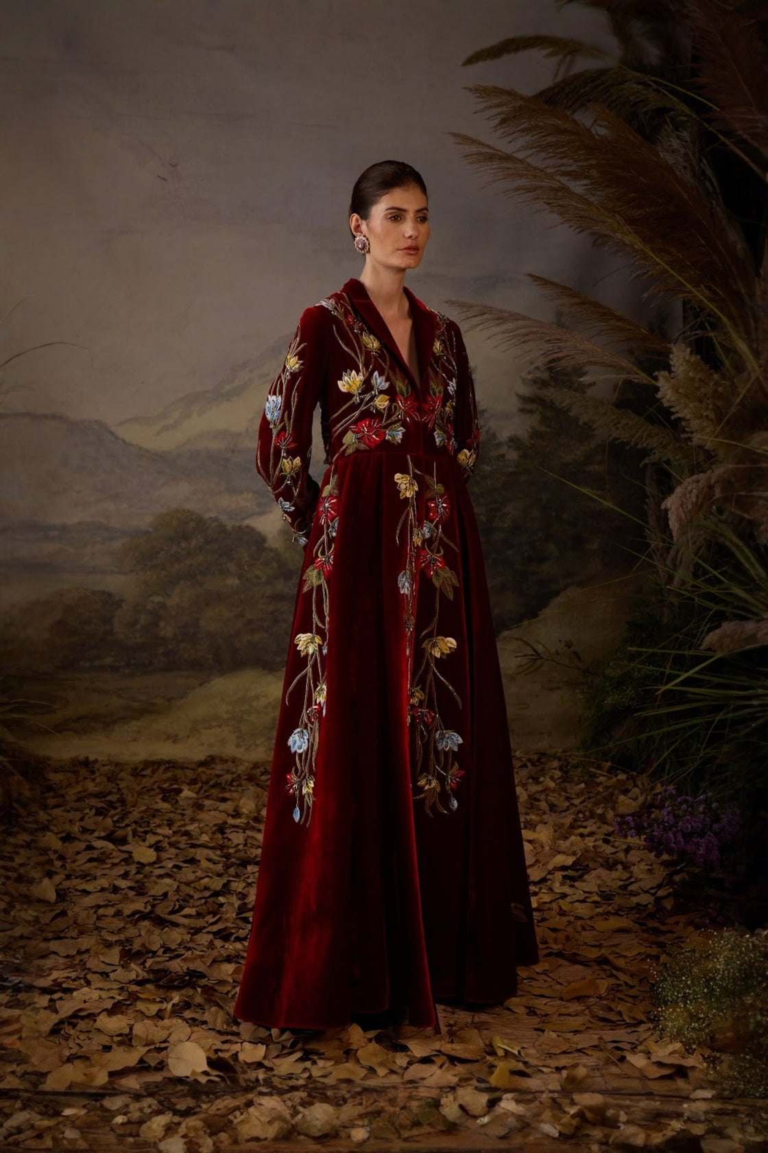 Mandarin-Collared Embroidered Jacket Gown