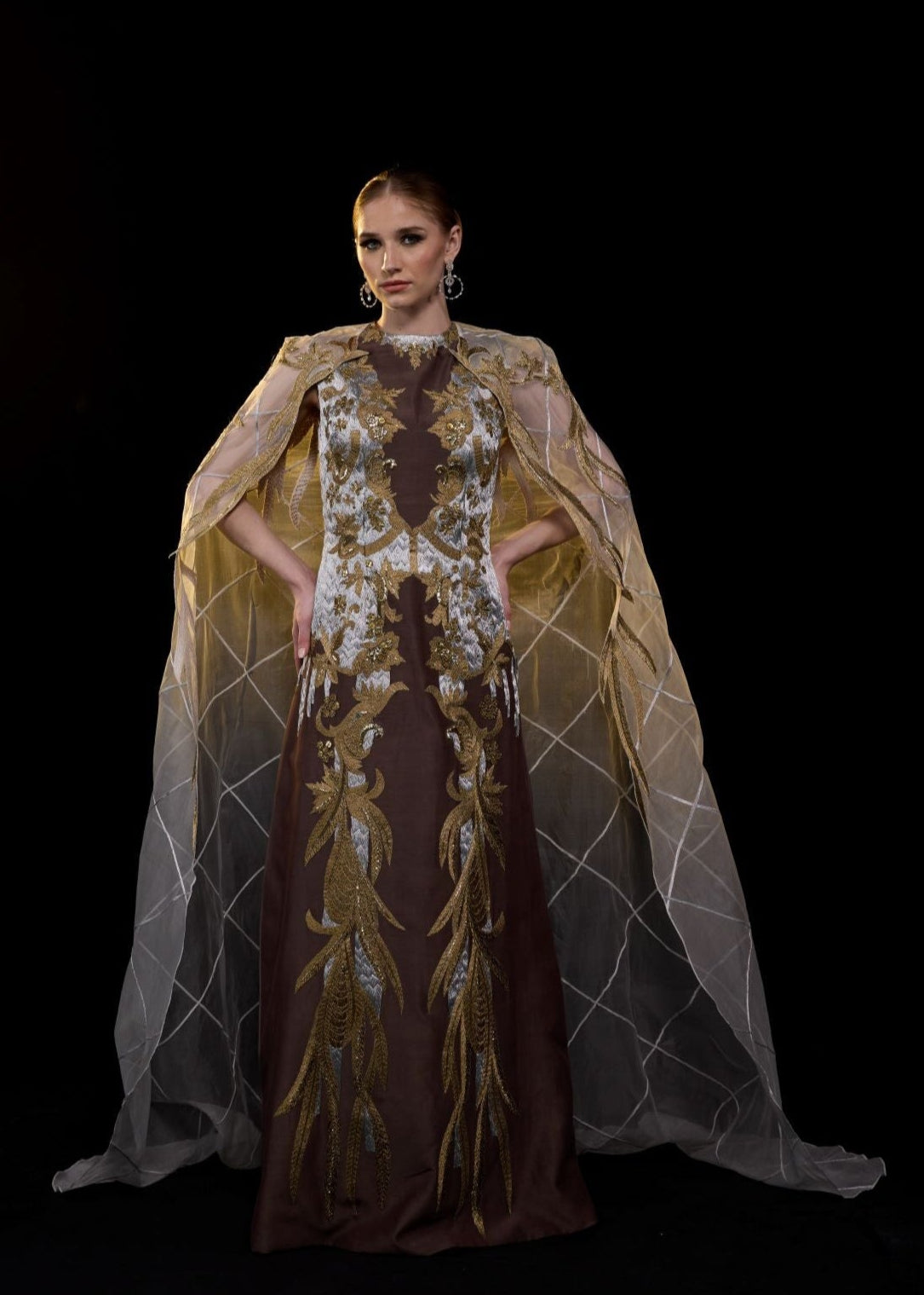 Embroidered Brown Gown with Sheer Cape