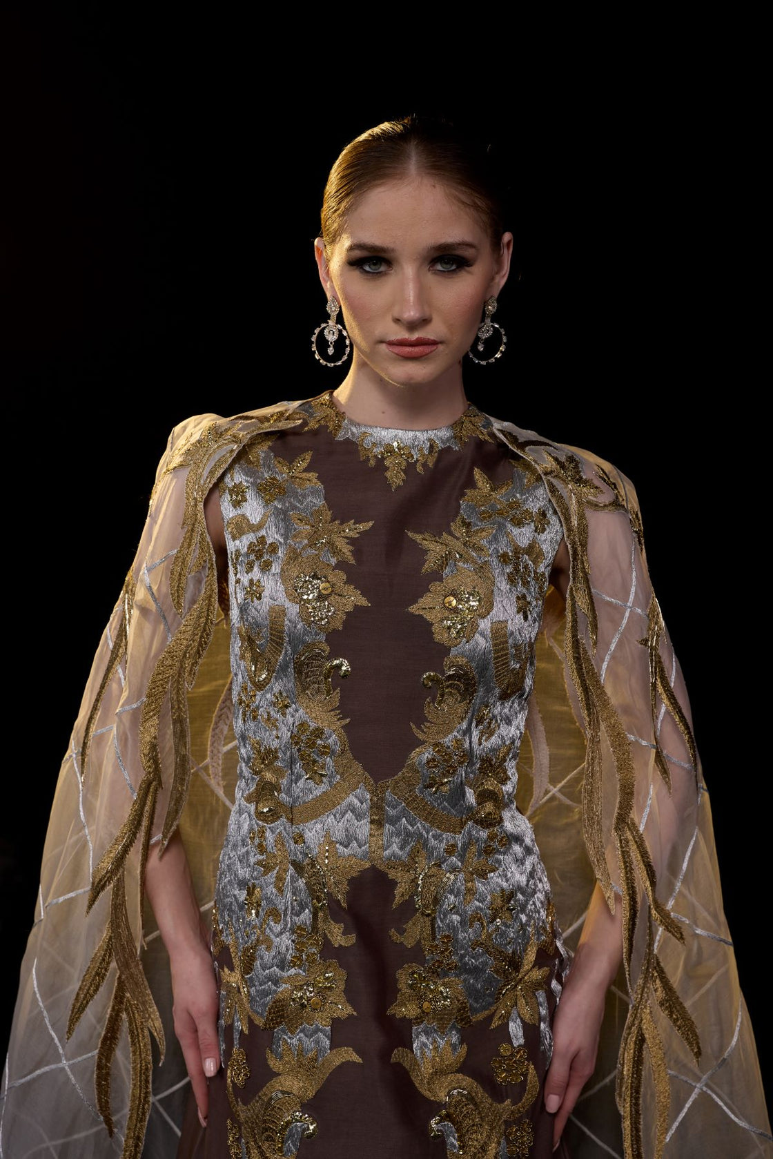 Embroidered Brown Gown with Sheer Cape