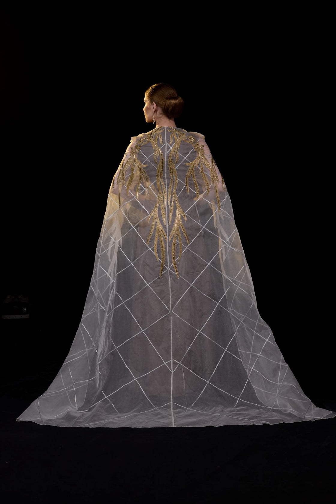 Embroidered Brown Gown with Sheer Cape