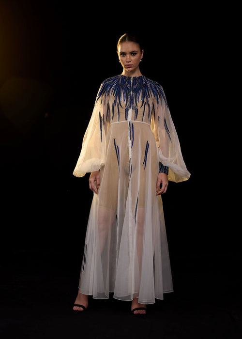 Ivory Sheer Gown with Blue Beaded Flame Embroidery