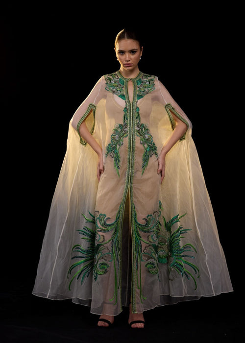 Elegant Embroidered Sheer Cape Gown