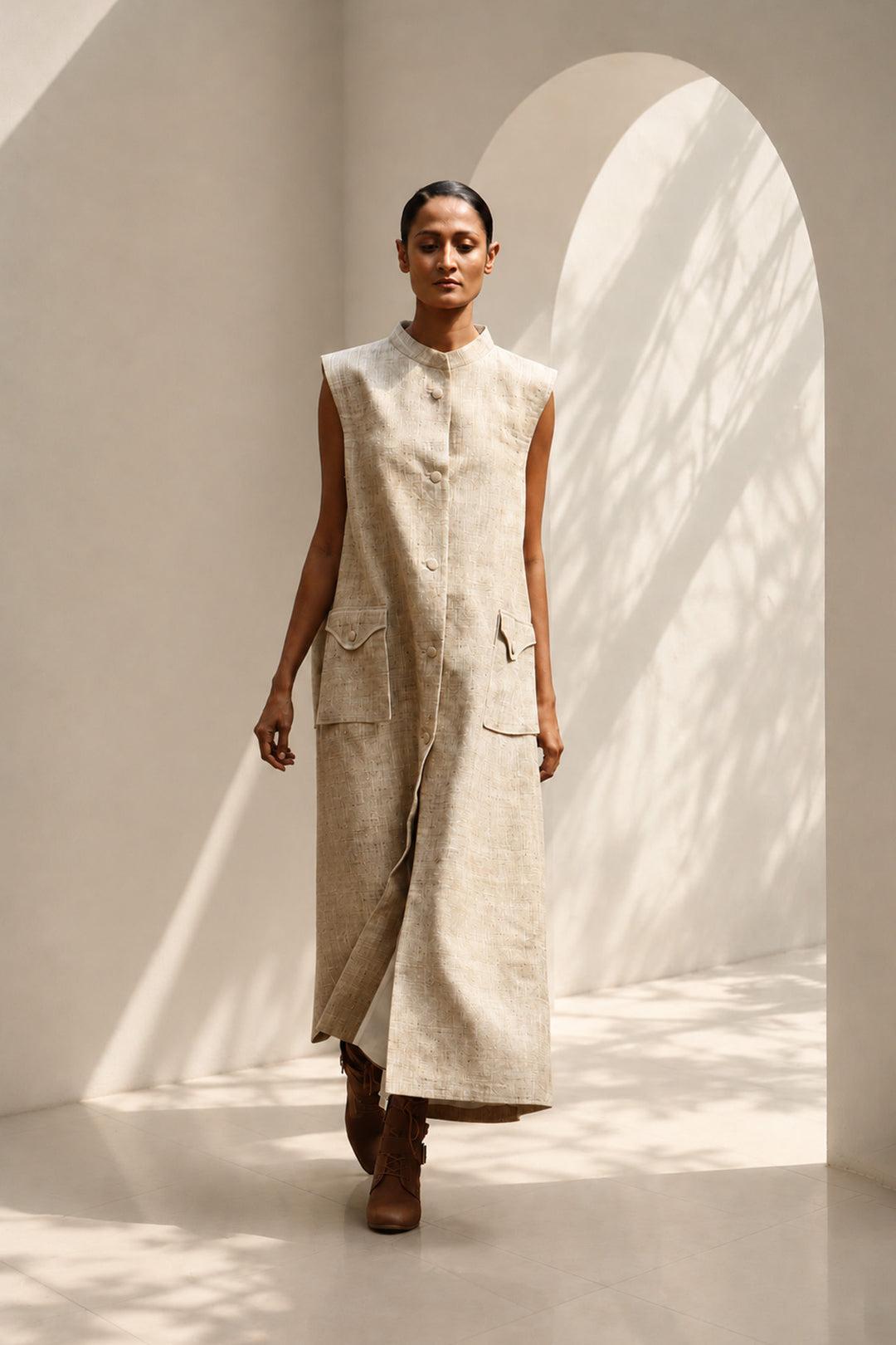 Natural beige utility inspired sleeveless overlay dress with functional detailing