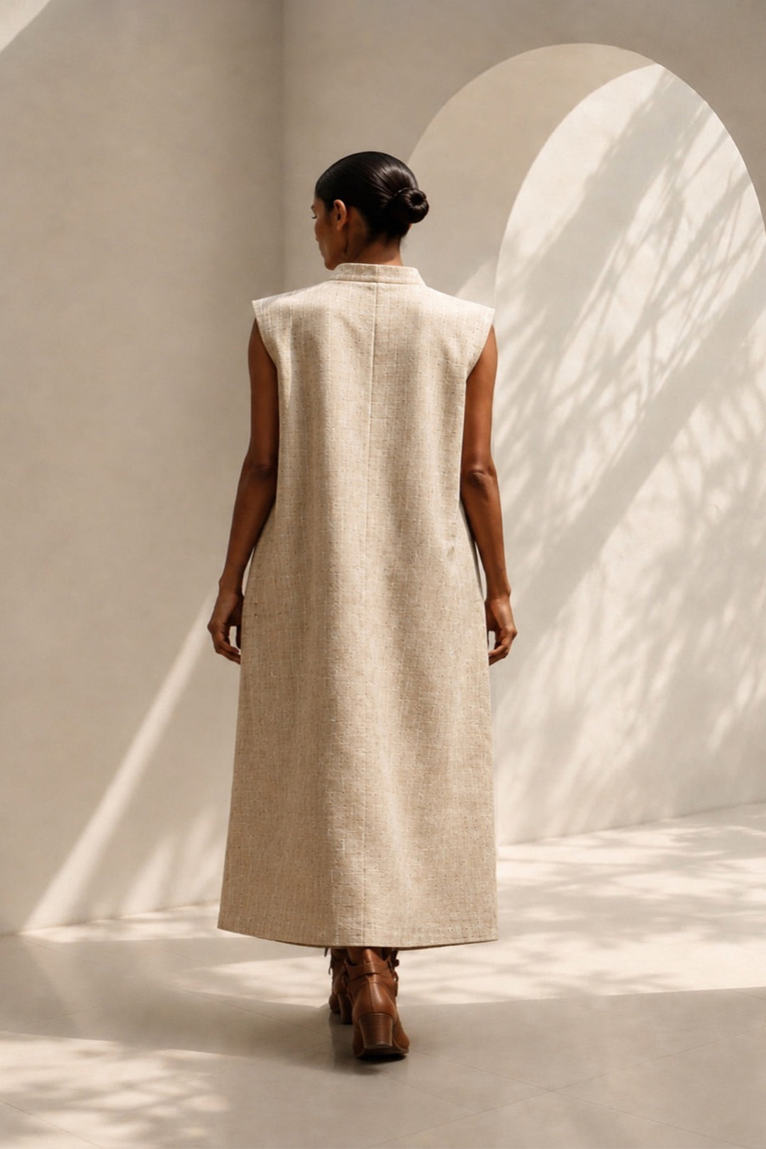 Natural beige utility inspired sleeveless overlay dress with functional detailing