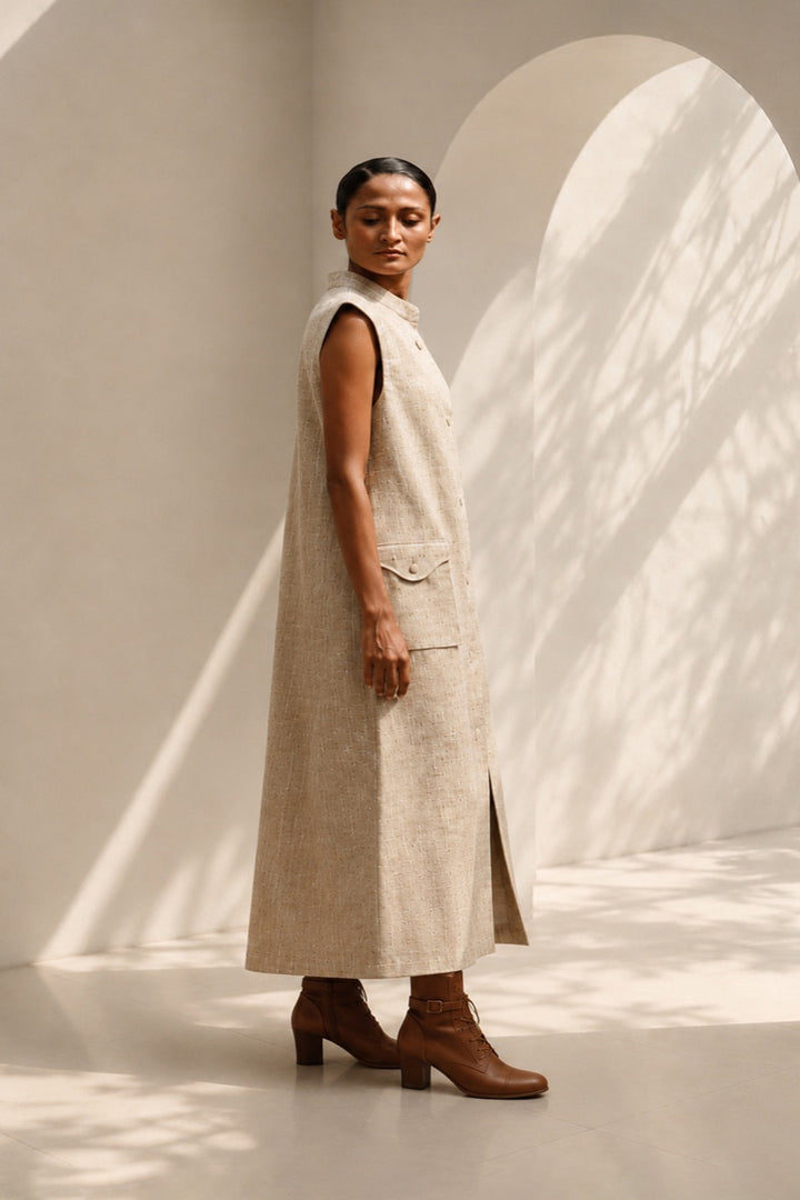 Natural beige utility inspired sleeveless overlay dress with functional detailing