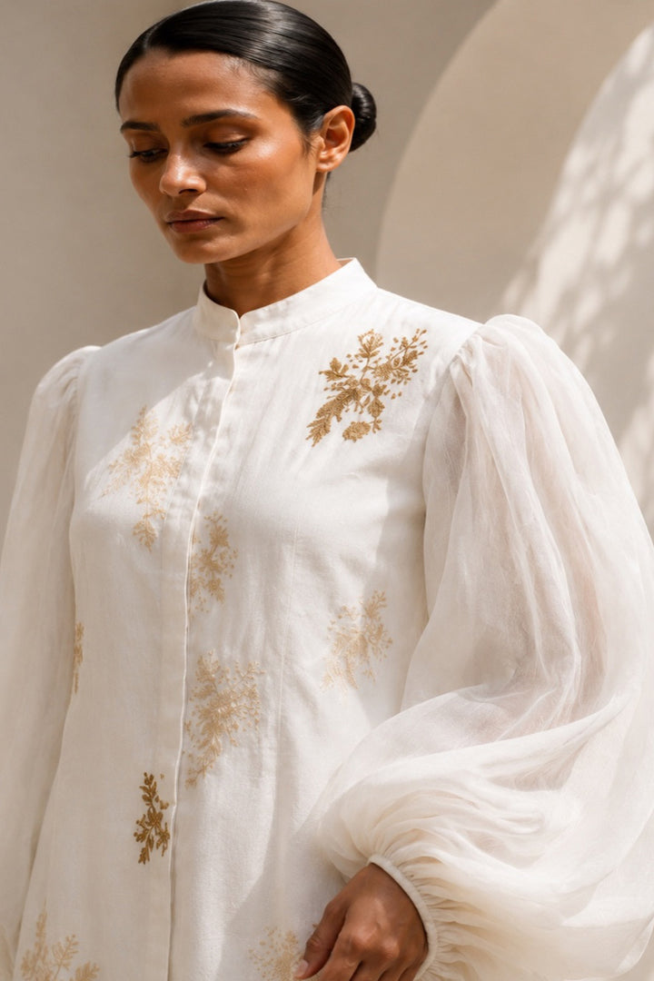Ivory statement dress featuring dramatic sheer balloon sleeves and delicate botanical embroidery.