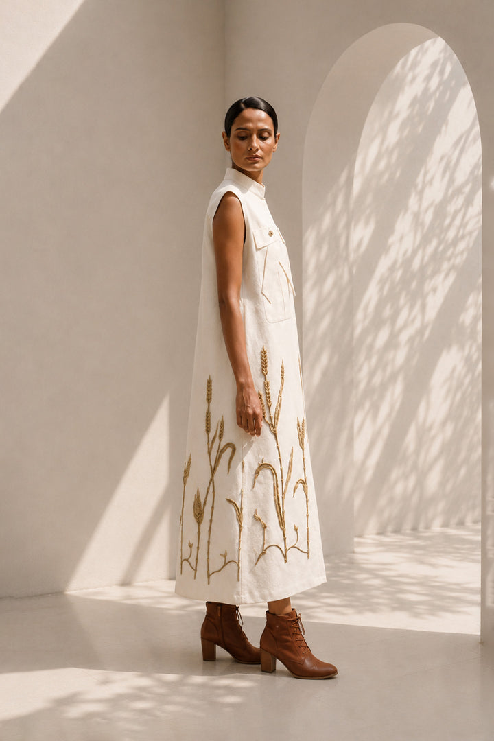 Ivory modern sleeveless statement dress featuring sculptural pocket detailing and intricate wheat-inspired embroidery.