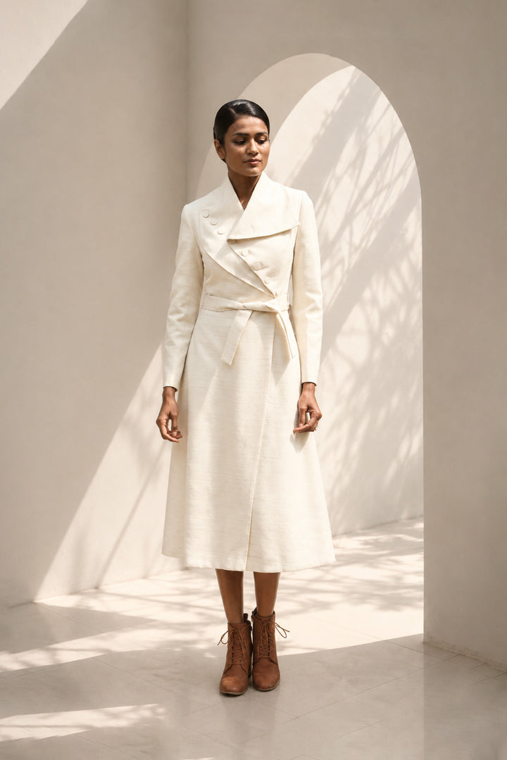 Ivory wrap coat dress featuring an architectural collar, asymmetrical button detailing, and a self-tie belt