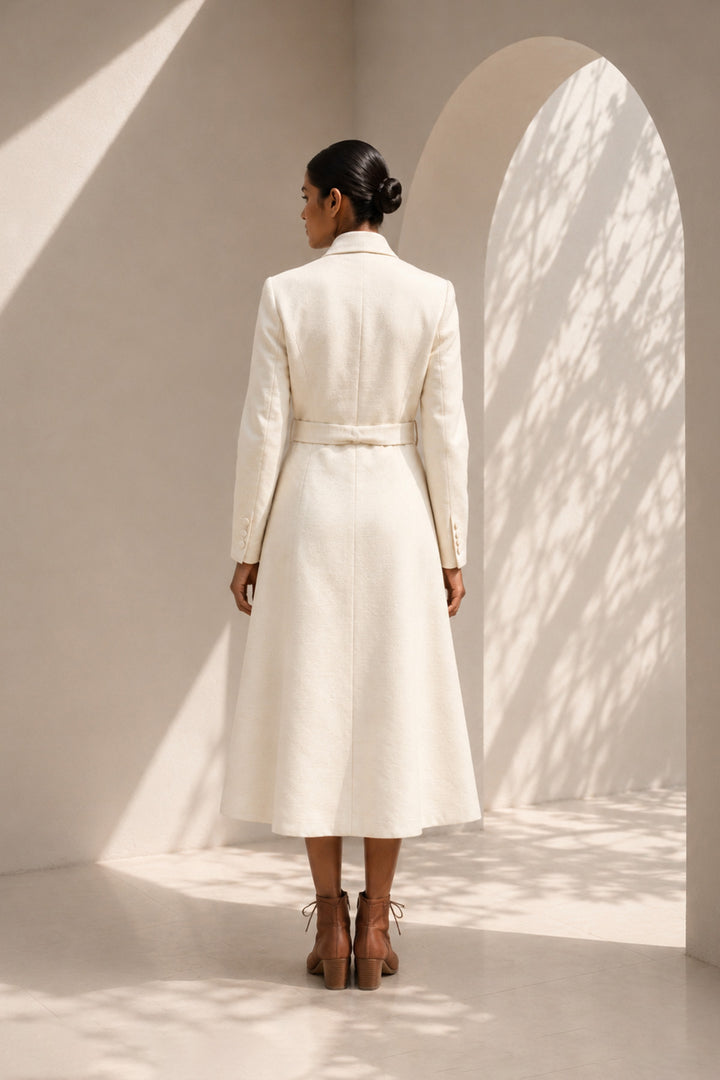Ivory wrap coat dress featuring an architectural collar, asymmetrical button detailing, and a self-tie belt