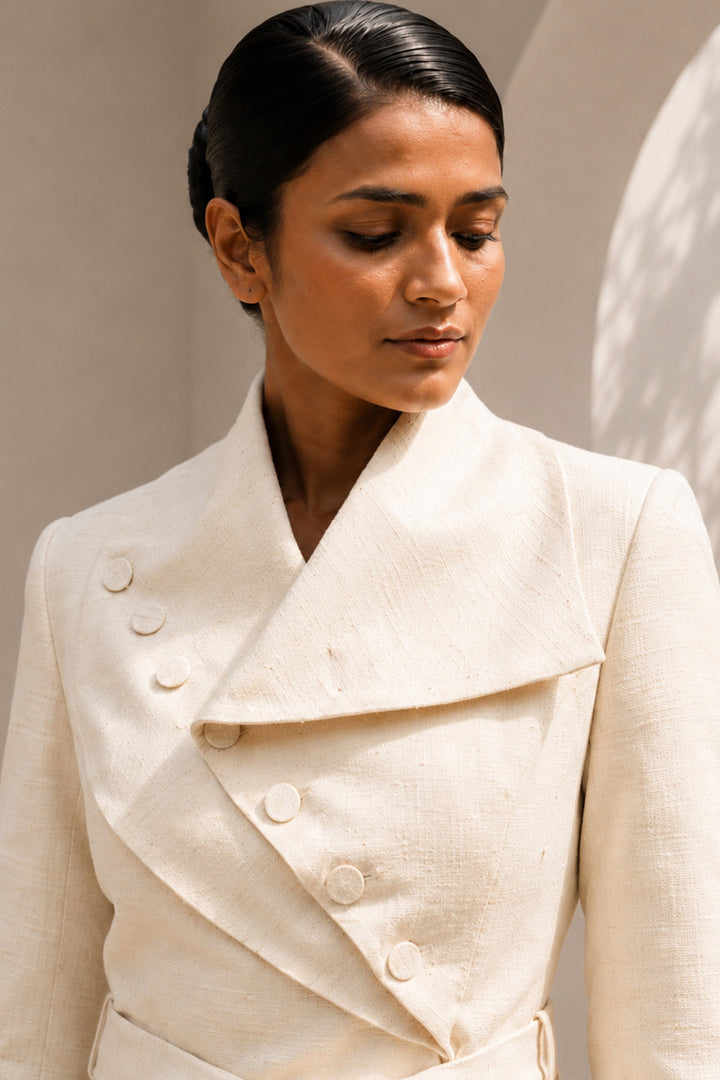 Ivory wrap coat dress featuring an architectural collar, asymmetrical button detailing, and a self-tie belt